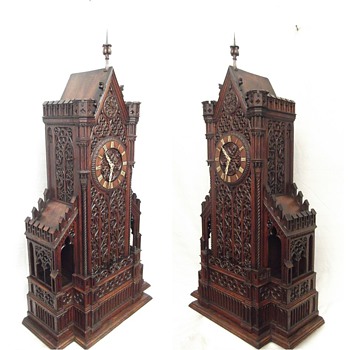 MAGNIFICENT Gothic carved cathedral 8-day shelf cuckoo clock. 1860. Johann Baptiste Beha. - Clocks