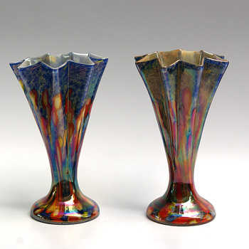 Kralik Millefiori Iridized star/fan vase Pair of Awesome Blue - Art Glass