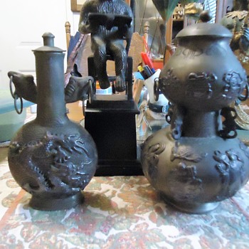 Chinese? metal jugs or urns? 8 inches tall with lids from Goodwill - Asian