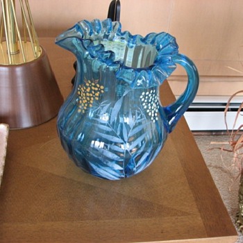 Blue Glass Pitcher Unknown Maker Bohemian? Carnival? Need Help! :-)