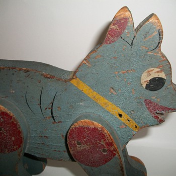 Wood Folk Art Dog Pull Toy in Original Blue Paint Handmade