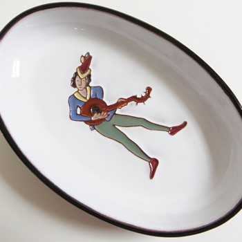 Oval Dish w/Raised Lute Player Design~Unknown Mark