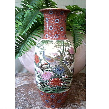 Japanese "Shibata" Polychrome and Gilt 12" Vase/Peacock and Bamboo Floral Design/Circa 20th Century - Asian
