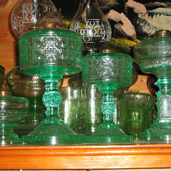 Pair of Apple Green Two panel Oil lamps, Apple Green Aquarius Oil Lamp & finger version Aquarius - Lamps