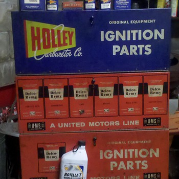 1957 holley carburetor three drawer tin cabinet  