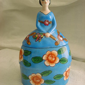 Vintage ? Art Deco Pottery or Porcelain Figural POWDER BOX Lady MYSTERY - Art Pottery