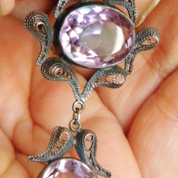 Antique Victorian Amethyst Sterling Silver Filigree Lavaliere Pendant  - Fine Jewelry