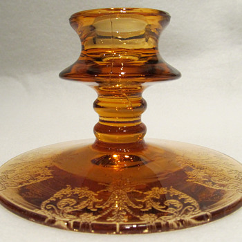 Candlestick - Amber Glass with Etching PATTERN UNKNOWN - Glassware