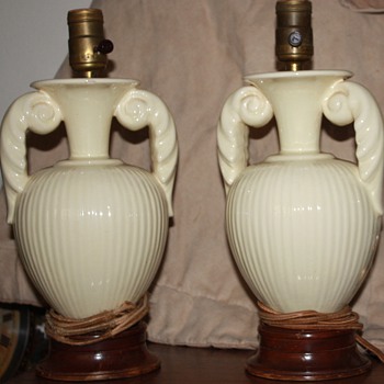 Wooden base, cloth wired ceramic lamps