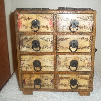 Box, about a foot tall, bone or ivory carved, heavy, wood with skin, or cloth, sturdy - Furniture