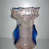 Czechoslovakia pink glass vase with cobalt aplied handles and rim knuckle dsgn