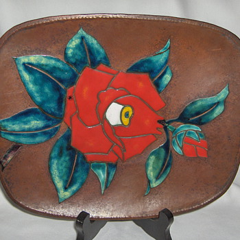 Interesting Japanese Vintage Martelee Copper & Cloisonne Enamel Rose Tray - Asian