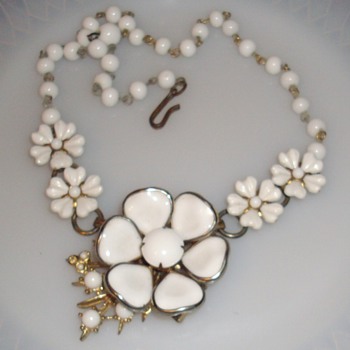 Poured milk glass necklace, coro necklace and brooch.