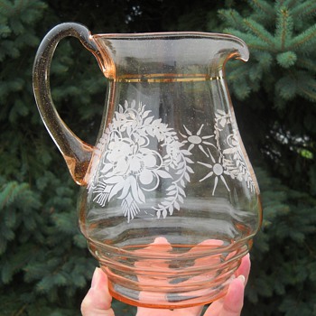 Pink blown pitcher leaf & floral design  - Glassware