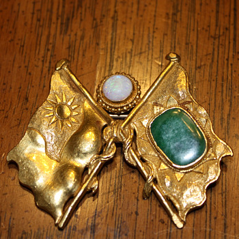 Sun Yat-sen-Kuomintang (KMT) Pre-Revolution Chinese 24K  Gold Flag Pin/Brooch (with opal and jade)