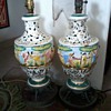 Italian Pair lamps-, porcelain with gilt paint and figurines on Brass(?) "cherub" stand.