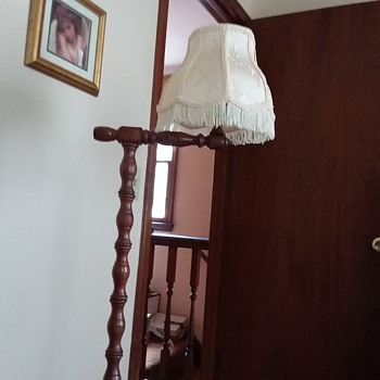 1920's or 30's Turned Wood Floor Lamp With Bridge Arm and Victorian Shade - Lamps