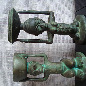 Unidentified antique tribal African ethnic bronze figural candlesticks holders