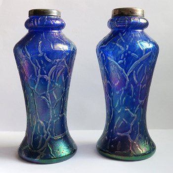 Pair of Cobalt Blue Bohemian Crackle Vases with Silver Rims - Art Glass