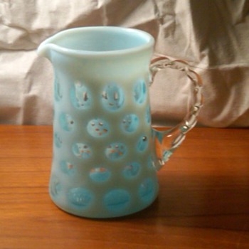 Fenton Blue Opalescent Coin Dot Creamer W/Bamboo Handle