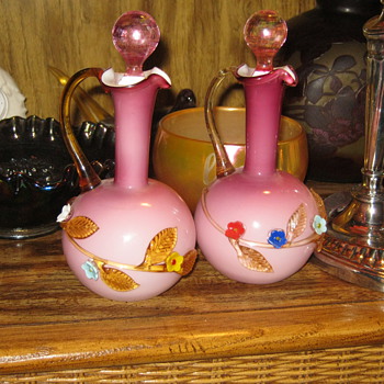 Applied Floral Art Glass Cruets - Art Glass