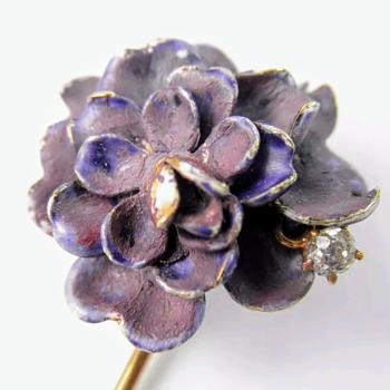 Antique chrysanthemum gold diamond enamel stickpin. Part 1 before repair! - Fine Jewelry