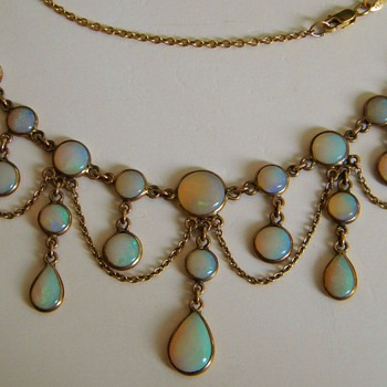 Antique Victorian Crystal Opal Festoon Necklace 9ct England - Fine Jewelry