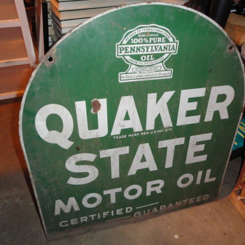 Vintage Tombstone Porcelain Quaker State Sign from the old Bloomington Garage in Southern California. It only took 1 rock. - Petroliana
