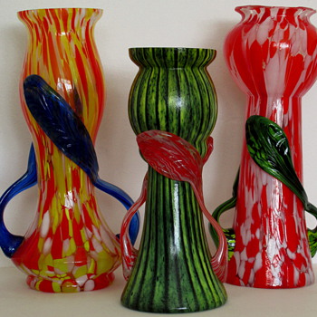 Three Cheerful Czechoslovakia Glass Vases - Art Glass