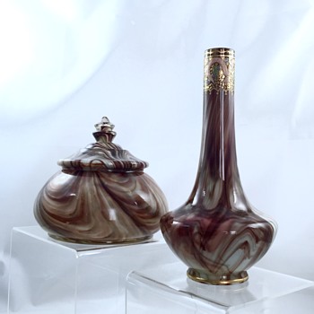 Loetz Onyx Dresser Box & Onyx Enamelled Vase - Art Nouveau
