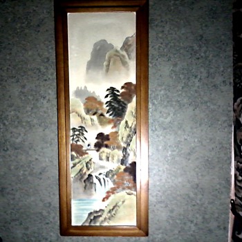  Framed Painting on Silk Panel / Mountain Landscape with Figure / Unknown Artist / Circa 1950's-60's - Asian