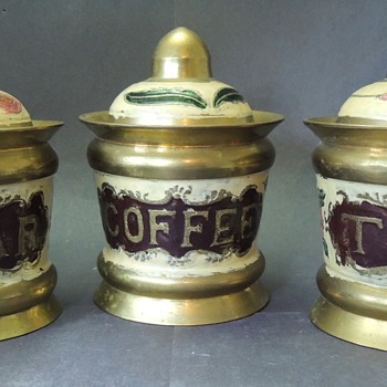 Brass & Enamel Coffe, Tea, Sugar Canisters - Kitchen