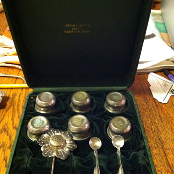 antique tea strainer and sugar bowl with spoons in box