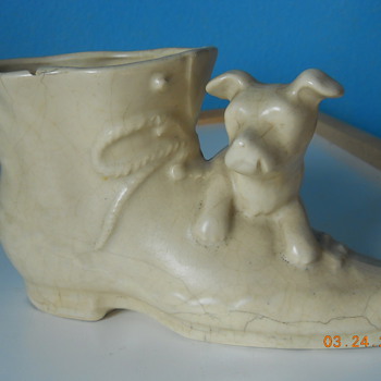 Antique boot planter with dog - unknown maker