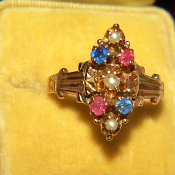 Antique Victorian Pink Blue Sapphire Seed Pearl 12k Ring England - Fine Jewelry