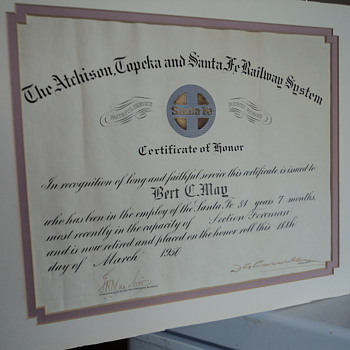Atchison Topeka and Santa Fe Railway System Certificate of Honor March 1950 - Railroadiana