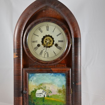 Hand Painted Glass Wooden Antique Mantel Clock Maker Unknown