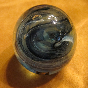 Vintage Kerry Glass Ireland Handmade Blue Swirl Paperweight - Paper Label - Art Glass