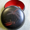 Asian lacquered nesting bowls in box with inlaid insects 