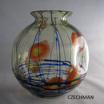 Kralik Art Deco Uranium Glass Dimpled Ball Vase Threading and Canes - Art Glass