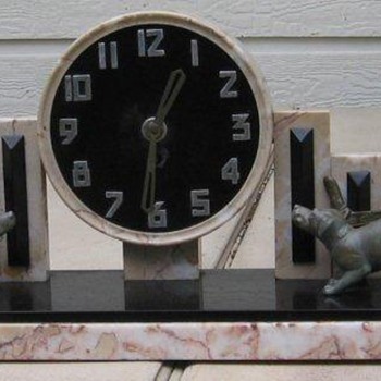 Marble 1920's Art Deco Puppy Clock With Garnitures