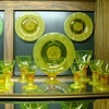 Pukeberg Vaseline Lion Head Goblets and Plates Patented by Jules Venon 