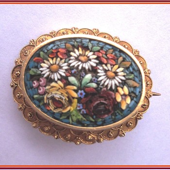 Micro Mosaic Flower Brooch 14K Etruscan style gold - Fine Jewelry