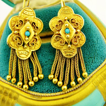 Antique Victorian Turquoise Tassel 14k Rose Gold Earrings - Fine Jewelry