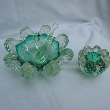 Green Bubble Glass Ashtray/Pestal/?  - Art Glass