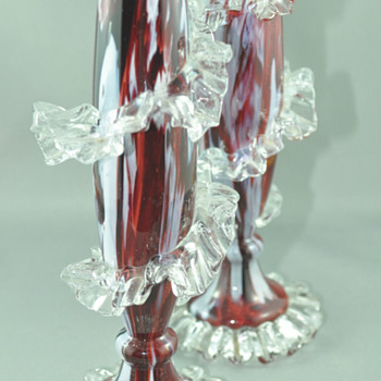 Antonin Rückl & Sons / Ruckl Bohemian Vase, Red Lined Glass with Oxblood Red & White Spatter Decor - Art Glass