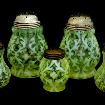 Northwood Spanish Lace Vaseline Glass Opalescent Shakers - Glassware