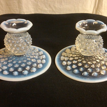PAIR OF FENTON FRENCH OPALESCENT HOBNAIL CANDLE HOLDERS
