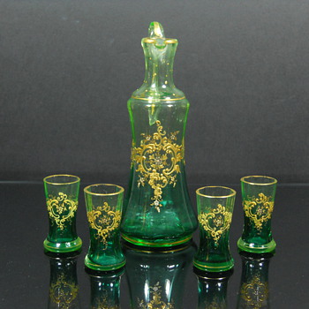 Uranium glass Bohemian enameled cordial set - Art Glass