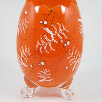 Possibly Harrach Rare Enameled Orange Tango Glass Cracked Egg Vase - Art Glass
